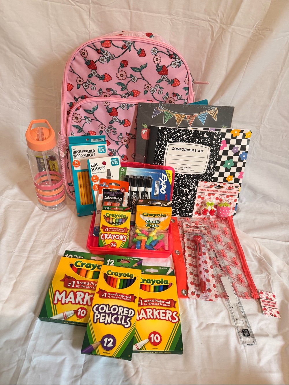 Strawberry Print Kids Backpack with School Supply Set